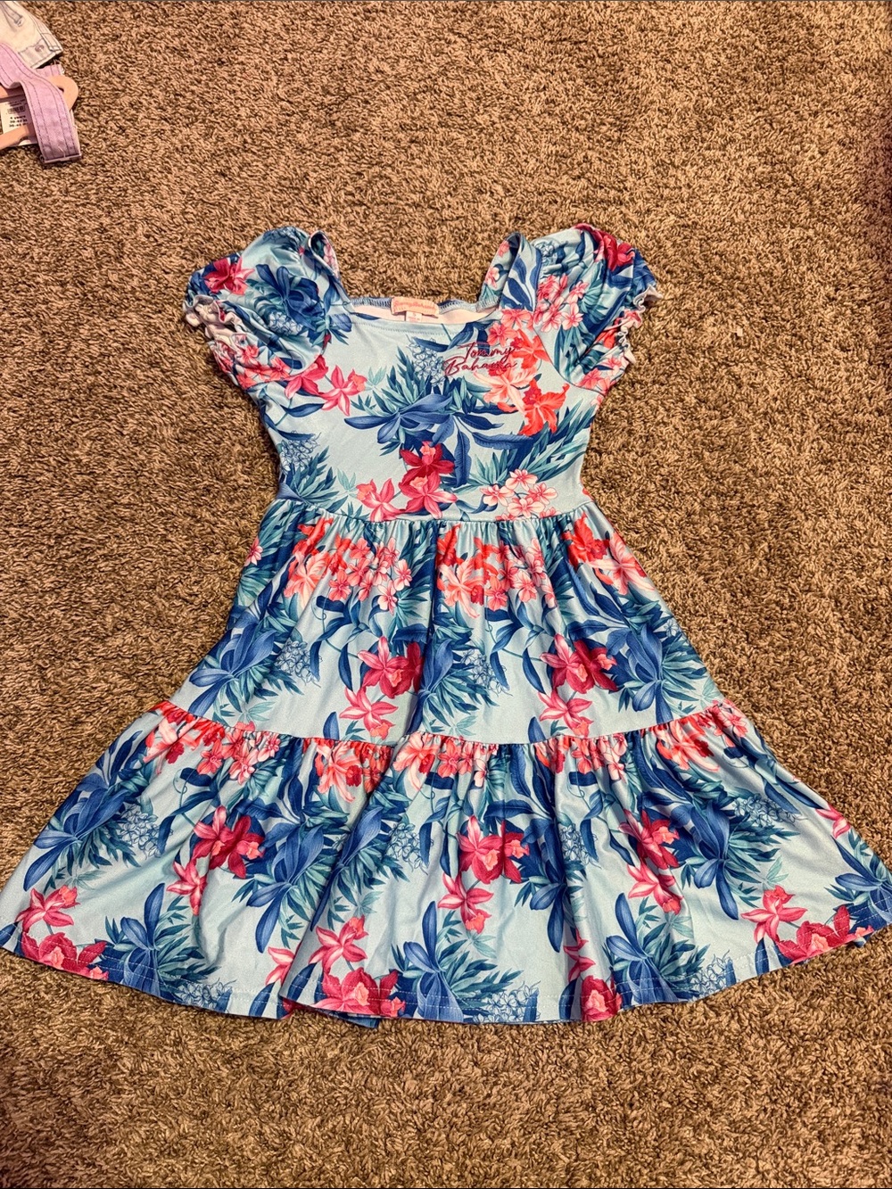 Tommy Bahama Light Blue Floral Tiered Dress with Pink Accents